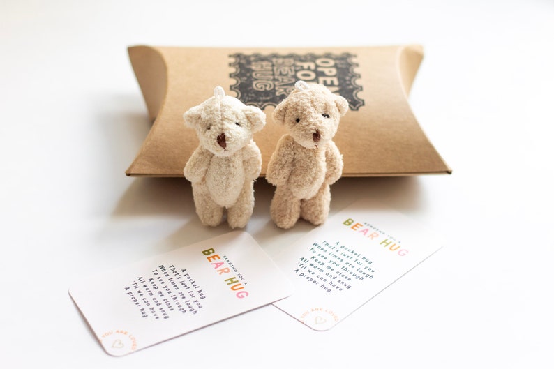 May include: Two small, cream-coloured teddy bears with brown eyes and noses. The bears are sitting on a white surface with two cards that say "Bear Hug" and include a poem about a pocket hug.