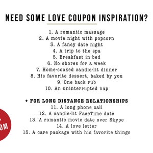 May include: A printable list of love coupon ideas for couples, with a red button that says "Click to Zoom". The list includes ideas for both long distance and in-person relationships.