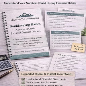 Puede incluir: Una guía práctica de contabilidad para pequeños empresarios. La imagen muestra un libro encuadernado en espiral titulado "Bookkeeping Basics" con un logotipo de montaña. Páginas adicionales muestran una tabla de contenido y viñetas sobre estados financieros, ingresos y gastos.