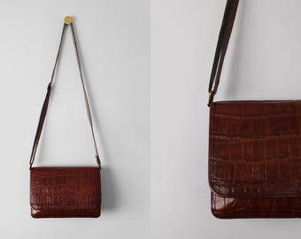 80s vintage BROWN real LEATHER CROCODILE Shoulder bag