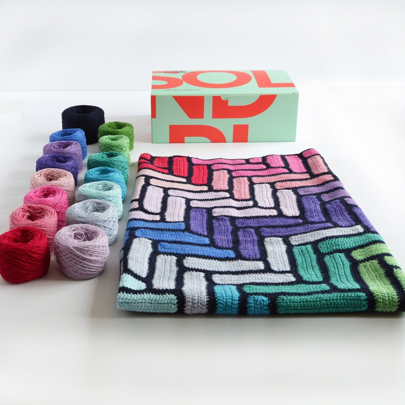 Herringbone Crochet Blanket Pattern and Yarn, Bright Coloured Granny Square Crochet Kit image 5