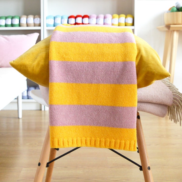 Stripe blanket knitting kit with yarn, easy knitting pattern, baby blanket pattern, adult diy kit, knit blanket pattern