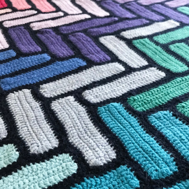 Herringbone Crochet Blanket Pattern and Yarn, Bright Coloured Granny Square Crochet Kit image 6