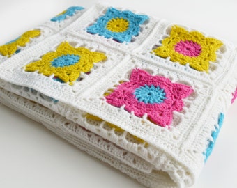 Bright Granny Square Crochet Blanket Kit: Lambswool DIY (105cm x 105cm)