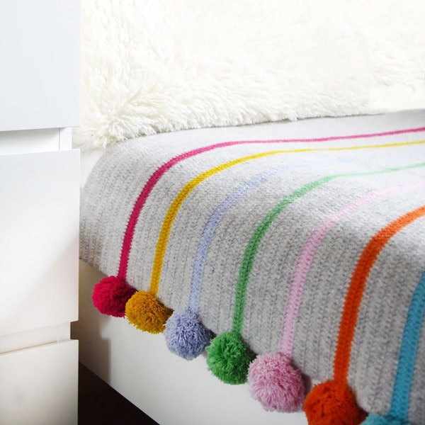 Easy Crochet Blanket Pattern, Learn To Crochet Pom Pom Blanket Pattern, Instant Download PDF