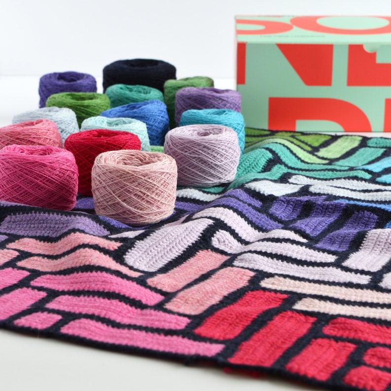 Herringbone Crochet Blanket Pattern and Yarn, Bright Coloured Granny Square Crochet Kit image 2