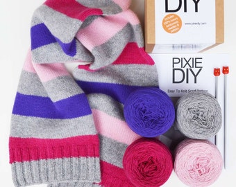 Stripy Lambswool Scarf Knitting Kit: DIY Gift for Knitter