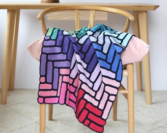 Herringbone Crochet Blanket Pattern and Yarn, Bright Coloured Granny Square Crochet Kit