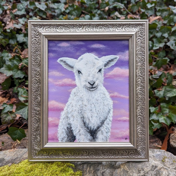 The Lamb - Lavender Skies - Acrylgemälde - Kunst von Heather Leanne - Unschuld und Reinheit - ruhig und ausgerichtet - Jesus Christus - Ostern