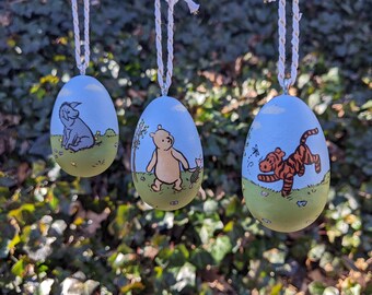 Story Book Winnie The Pooh Bear Easter Egg Ornaments - Set of Three - Tigger - Piglet - Eeyore - 100 Acre Woods - Art By Heather Leanne