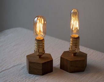 Wooden Edison Bulb Cordless Table Lamp, Rechargeable - Battery Powered Bedside Walnut Wood Lamp