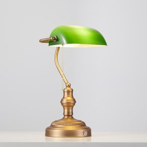 Bankers Light Green Glass Cordless Desk Lamp, Rechargeable Library Lamp, Battery Powered Lamp for Office Desk Brown Bronze