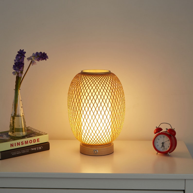Hand Woven Bamboo Cordless Table Lamp with Rechargeable Battery image 3