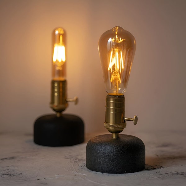 Lámpara de mesa inalámbrica con bombilla Edison - Material de piedra arenisca de resina, recargable - Lámpara de mesa retro industrial alimentada por batería