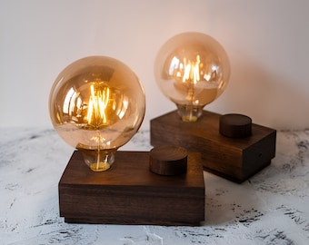 Cordless Wooden Table Lamp with Edison Bulb and Knob Dimmer, Rechargeable Battery-Powered Wooden Lamp for the Bedroom