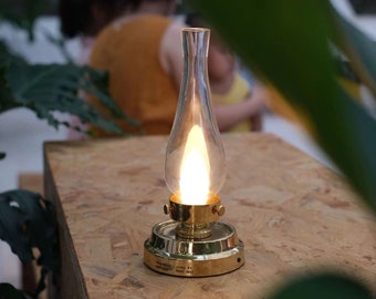 Vintage Brass Cordless Table Lamp - Flameless Kerosene Oil Lantern, Rechargeable - Battery Operated LED Oil Lamps Lantern
