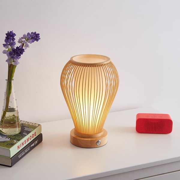 Portable - Lampe de table alimentée par batterie en rotin de bambou naturel tissé à la main, lampe de table sans fil de style japonais