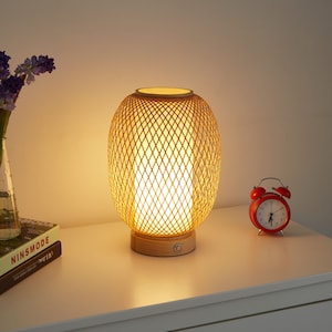Hand Woven Bamboo Cordless Table Lamp with Rechargeable Battery image 1