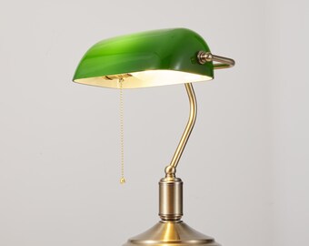 Bankers Lampe de bureau sans fil en verre vert clair, Lampe de bibliothèque rechargeable, Lampe à piles pour bureau