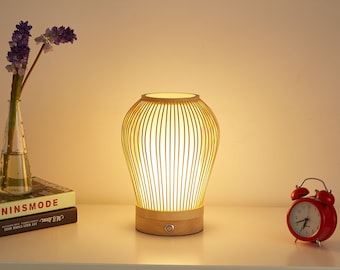 Rechargeable Bedside Desk Lamp,Chinese Lantern,Hand-Woven Bamboo-Rattan Lamp,Natural Rustic Rattan,Countryside Lamp shade,Asian Table Lamp