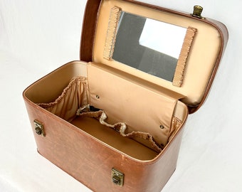 Large Vanity Beauty Cade | Gold Crest | Lock Makeup Train Case FREE Vintage Vanity Set Included