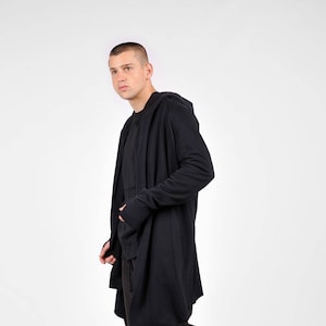 New Black Hooded Soft Cotton Coat / Extravagant Asymmetric Jacket / French Terry Hooded Coat / Thumb holes  by AakashaMen A08245M