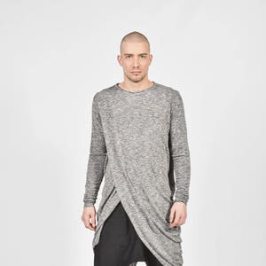 New Viscose  Melange Grey Soft Shirt / Extravagant Asymmetric Lightweight  Shirt /  Extra Long Sleeves  Asymmetric Top by AakashaMen A02241M