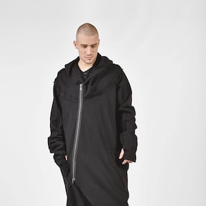 New Black Hooded Cashmere  Coat / Extravagant Asymmetric Jacket /Large pocket by AakashaMen A07582M