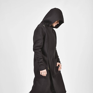 New  Black Hooded Lined Soft Cotton Coat / Extravagant Asymmetric Jacket /Large pocket by AakashaMen A07236M