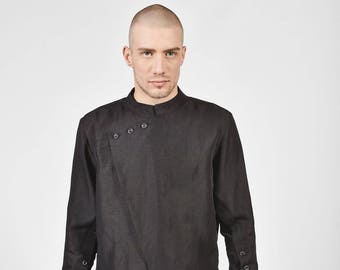 New Black Loose High Colar Linen Shirt by AakashaMen A11705M