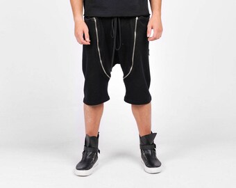 New Black Loose Casual Drop Crotch Mid Calf Pants / Zipper - Etsy