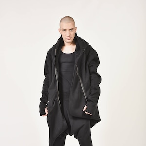 New Autumn/Winter Black Hooded Lined Soft Cotton Coat /Large Pocket /YKK Double Zipper AakashaMen A07177M image 1