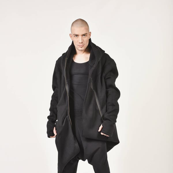 New Autumn/Winter Black Hooded Lined Soft Cotton Coat /Large Pocket /YKK Double Zipper AakashaMen A07177M