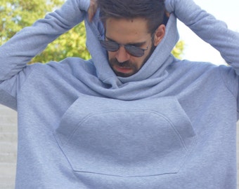 Nieuw grijze extravagante asymmetrische maxi-hoody herfst/winter 2016 / warme top gewatteerde katoenfleece / extra lange mouwen/duimgaten van AakashaMen