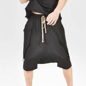 Black Loose Casual Drop Crotch Linen Harem Pants  by AakashaMen A05462M