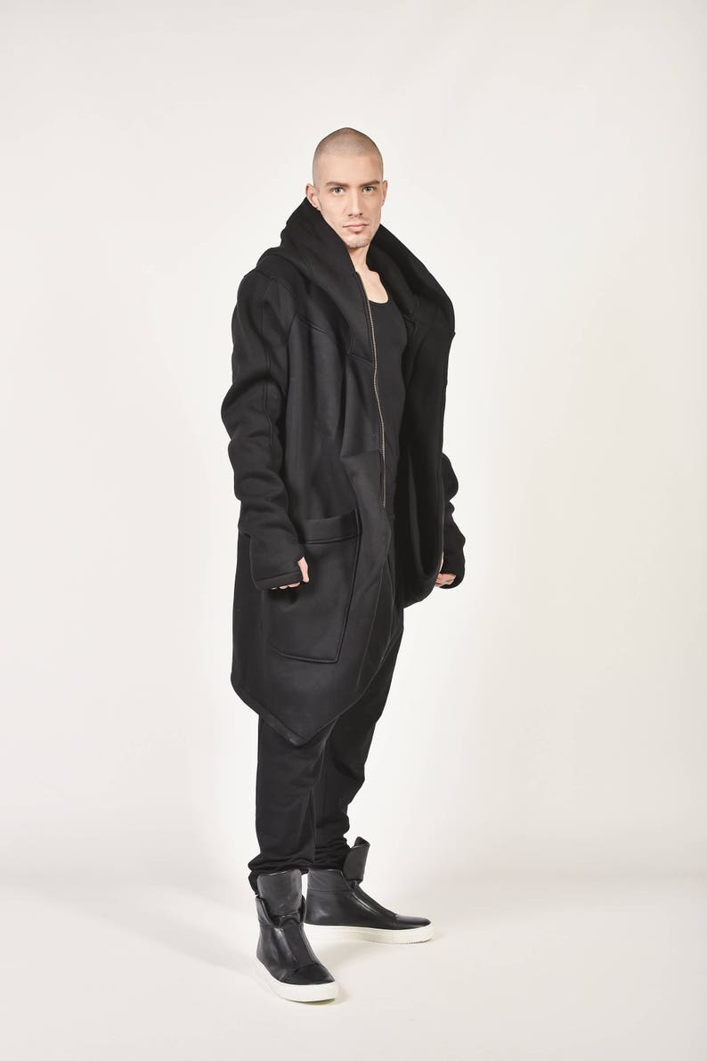 New Autumn/Winter Black Hooded Lined Soft Cotton Coat /Large Pocket /YKK Double Zipper AakashaMen A07177M image 2