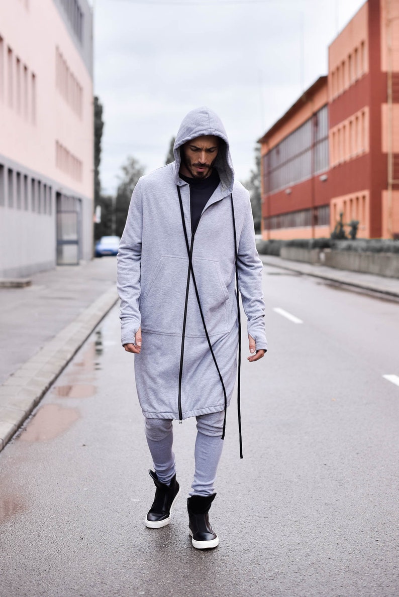 New Extra Long Cotton Hoodie with Thumb holes and side pockets by AakashaMen A08336M image 1