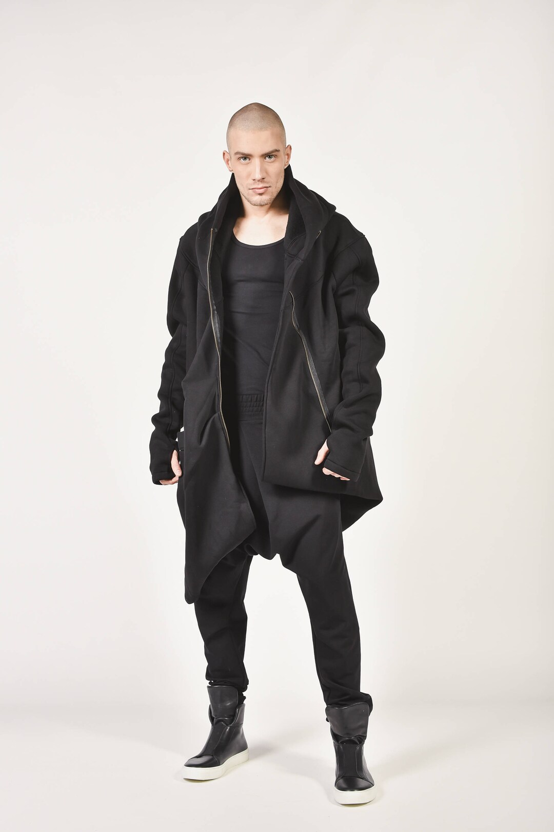 Vintage 1980s Black Wool Men's Zip-up Coat/ California