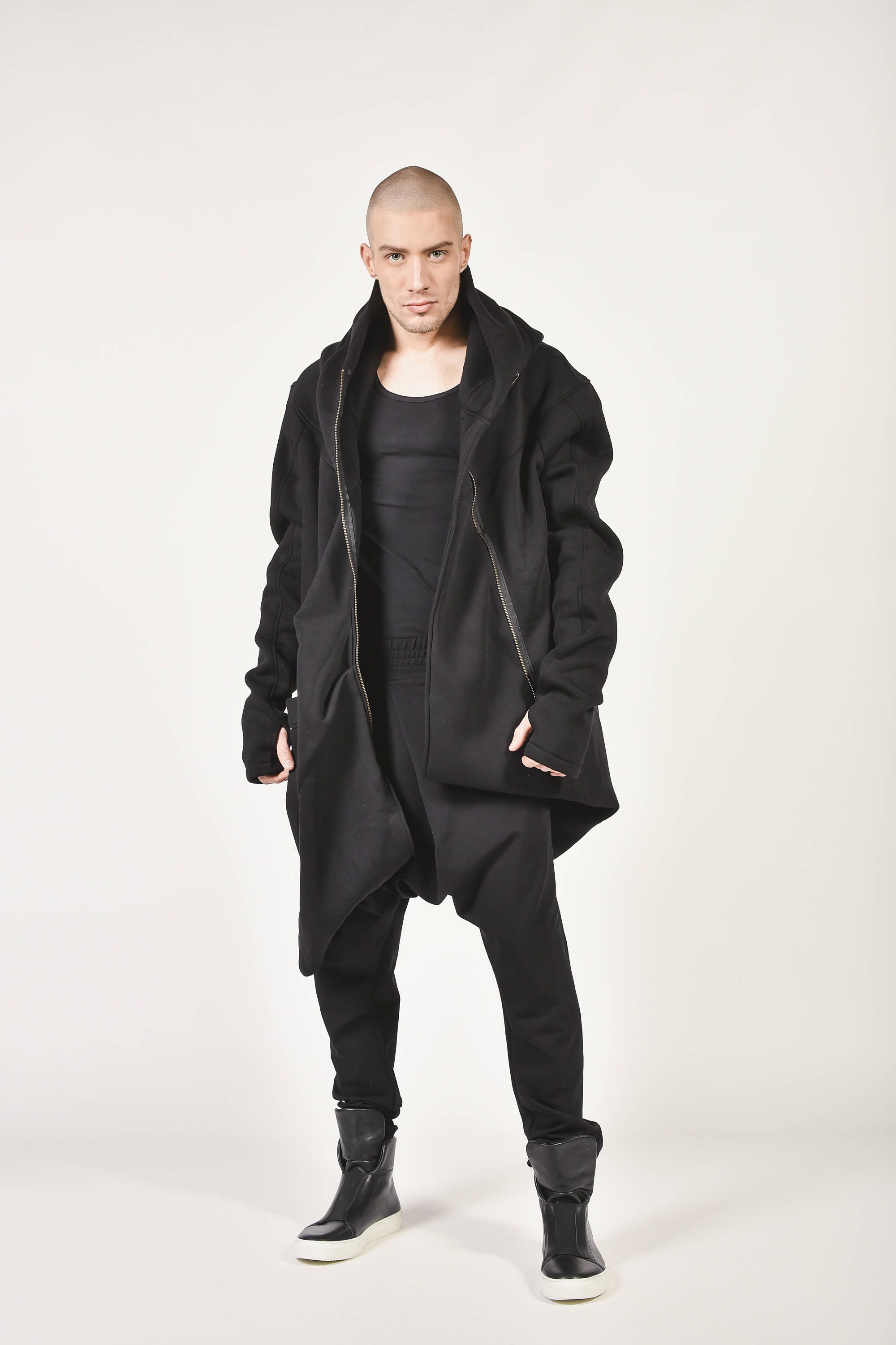 New Autumn/winter Black Hooded Lined Soft Cotton Coat /large