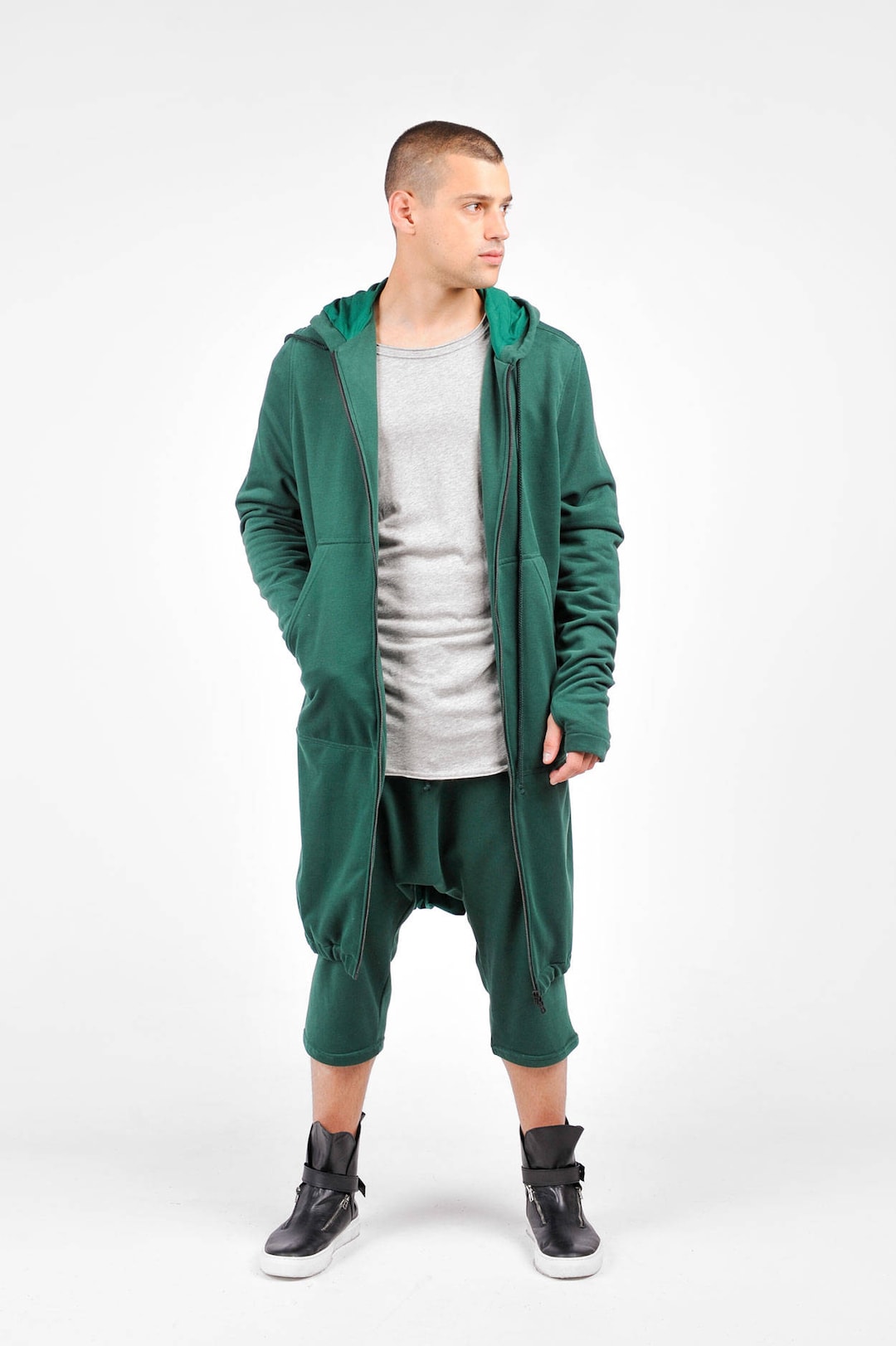 New Extra Long Cotton Hoodie With Thumb Holes and Side Pockets by