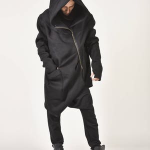 New Autumn/Winter Black Hooded Lined Soft Cotton Coat /Large Pocket /YKK Double Zipper AakashaMen A07177M image 3