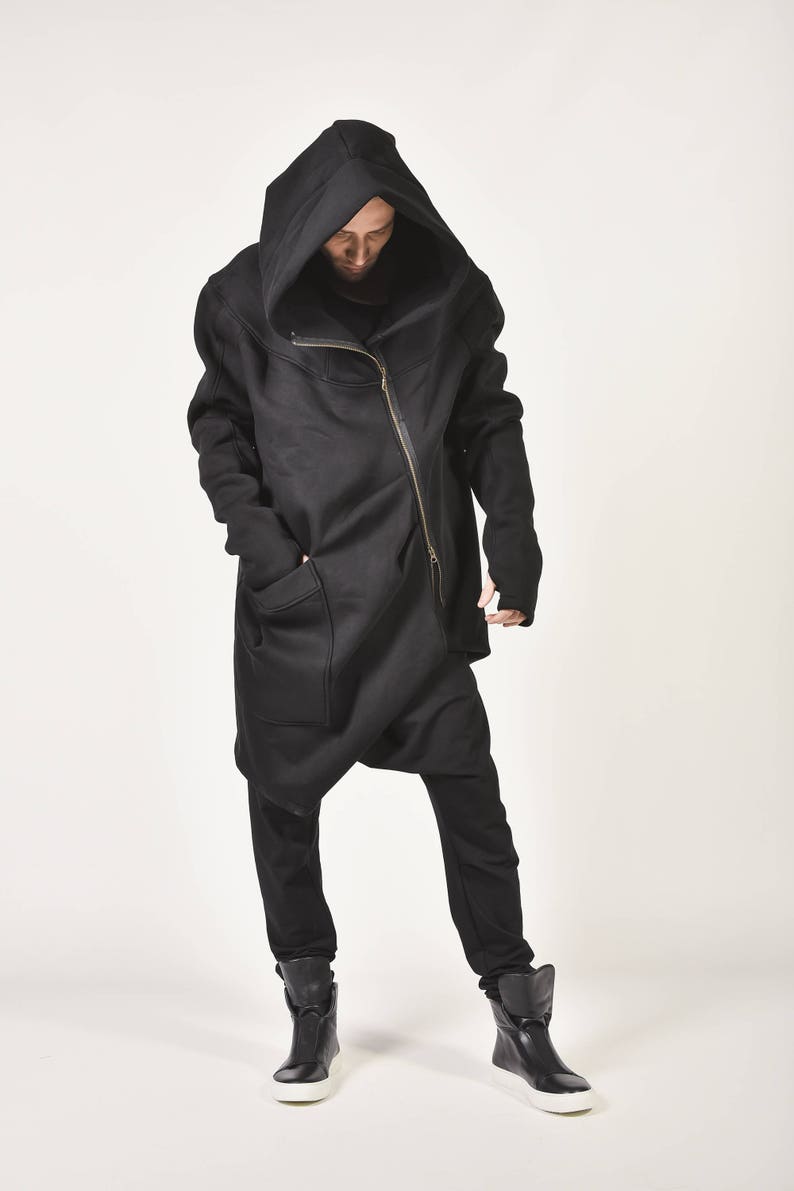 New Autumn/Winter Black Hooded Lined Soft Cotton Coat /Large Pocket /YKK Double Zipper AakashaMen A07177M image 3