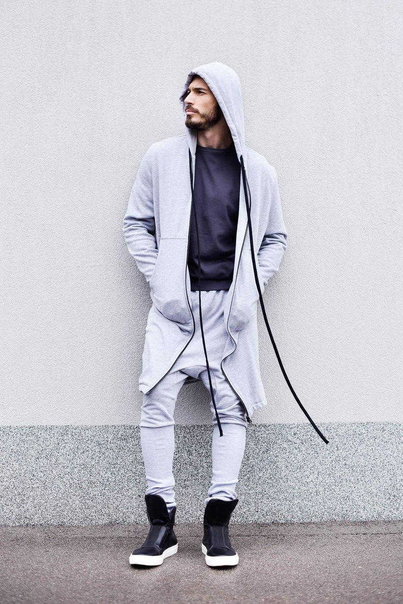 New Extra Long Cotton Hoodie with Thumb holes and side pockets by AakashaMen A08336M image 7