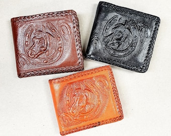 Cartera plegable de cuero genuino cosida a mano: diseño de caballo del oeste