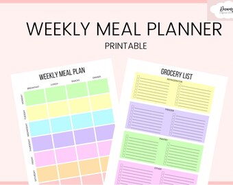 May include: A printable weekly meal planner with a grocery list. The meal planner is divided into days of the week, with columns for breakfast, lunch, snacks, and dinner. The grocery list is divided into sections for refrigerator, freezer, pantry, and other.