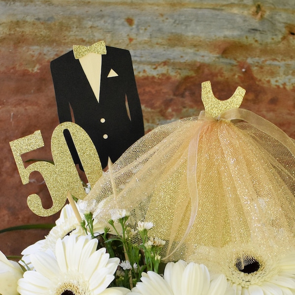 50th Wedding Anniversary Centerpiece, Golden Anniversary Table Decorations, Fiftieth Bride and Groom, Bouquet Pick, 1974 Wedding