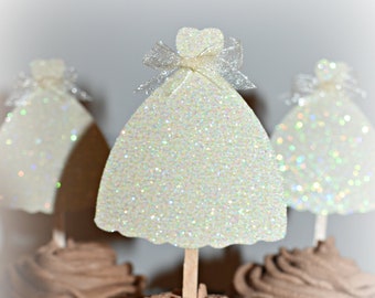 Wedding Dress Cupcake Toppers, Set of 12 Bride Gown Picks