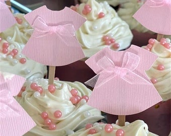 Baby Shower Cupcake Picks: Pink Dress, Ribbon Bow - Set of 12
