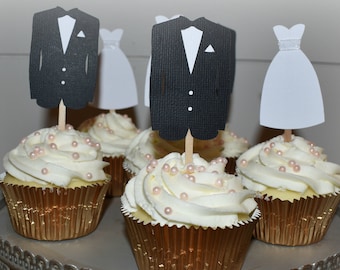 Bride and Groom Cupcake Toppers, Bridal Shower, Wedding Picks, Set of 12