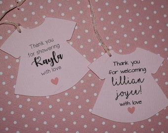 Baby Girl Shower Favor Tags: Pink Dress, Personalized Thank You (Set of 24)